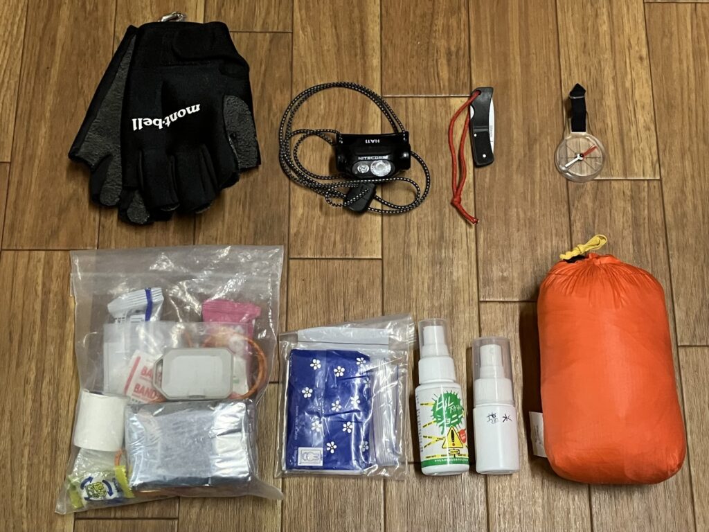 沢グローブ、ヘッドランプ、ナイフ、コンパス、エマージェンシーキット、ティッシュ、ヒル避け、20%塩水、ツエルト